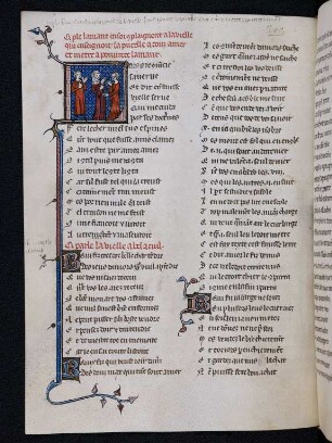 Deckfarbeninitiale L, historisiert: L'amant et soi complaignent parle a la vieille