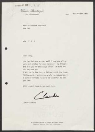 Brief an Leonard Bernstein, 09.10.1990
