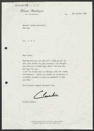 Brief an Leonard Bernstein, 09.10.1990