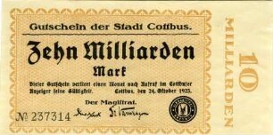 Cottbus, Stadt: 10 Milliarden Mark 1923