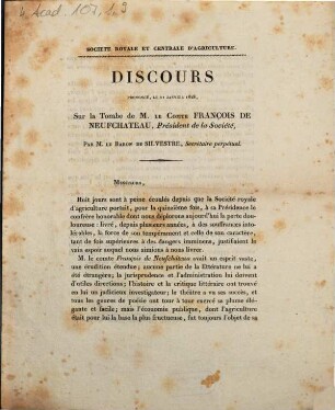 Discours prononcé, le 11 Janvier 1828, sur la tombe de M. le Comte François de Neufchateau, Président de la Société