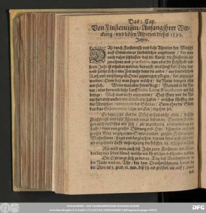 Das 3. Cap. Von Finsternissen/ Anfang ihrer Wirckung/ und bösen Aspecten dieses 1592. Jahres.