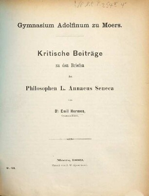 Kritische Beiträge zu den Briefen des Philosophen L. Annaeus Seneca