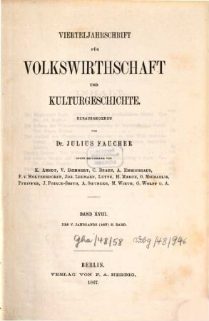 Vierteljahrschrift für Volkswirtschaft, Politik und Kulturgeschichte, 5,2 = Bd. 18. 1867