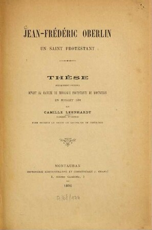 Jean-Frédéric Oberlin : Un saint protestant. [Theol. Diss. Montauban] [Johann Friedrich Oberlin]