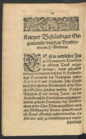 Kurtzer Beständiger Gegenbericht/ von dem Brotbrechen im H. Abendmal