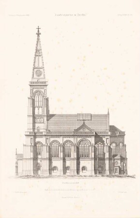 Dankeskirche, Berlin-Wedding: Seitenansicht (aus: Atlas zur Zeitschrift für Bauwesen, hrsg. v. Ministerium der öffentlichen Arbeiten, Jg. 39, 1889)