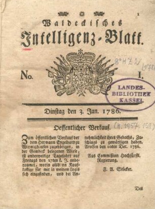 No. 1, Dinstag den 3. Jan. 1786