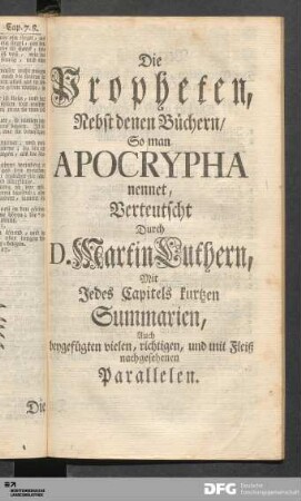 Die Propheten, Nebst denen Büchern/ So man Apocrypha nennet...