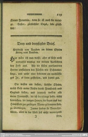 Drei und dreysigster Brief. Friedrich von Rauben an seinen Oheim Franz von Rauben