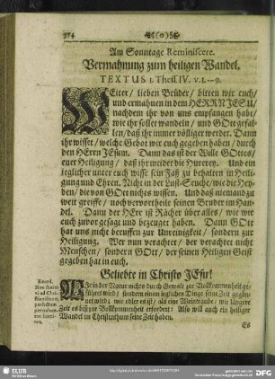 Am Sonntage Reminiscere. Vermahnung zum heiligen Wandel. Textus 1. Thess. IV. v. 1 - 9