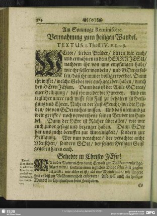 Am Sonntage Reminiscere. Vermahnung zum heiligen Wandel. Textus 1. Thess. IV. v. 1 - 9