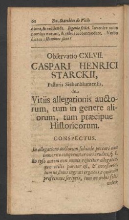 Observatio CXLVII. Caspari Henrici Starckii, Pastoris Siebenbäumensis, de Vitiis allegationis auctorum, tum in genere aliorum, tum praecipue Historicorum