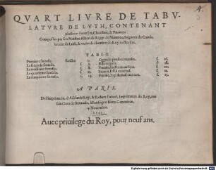 Qvart Livre De Tabvlatvre De Lvth, Contenant plusieurs Fantasies, Chansons, & Pauanes