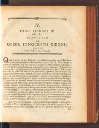 IV. Pauli Riegger ... Praefatio Ad Opera Innocentii Cironii