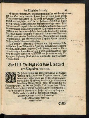Die IIII. Predigt uber das I. Capitel der Klaglieder Ieremiae.