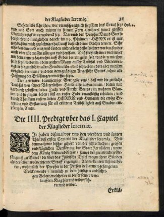 Die IIII. Predigt uber das I. Capitel der Klaglieder Ieremiae.