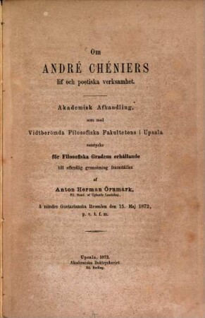 Om André Chéniers lif och poetiska verksamhet