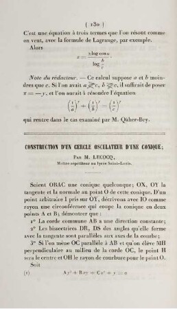 Construction d'un cercle osculateur d'une conique.