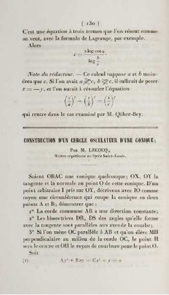 Construction d'un cercle osculateur d'une conique.
