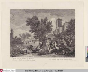 [Flusslandschaft mit Anglern, die ein Netz aus ihrem Boot ziehen, ein stehender Mann mit Angeln unterhält sich mit zwei sitzenden Frauen]
