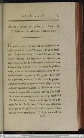 Oberon, poème en quatorze chants de M. Wieland. Traduction libre en vers