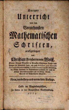 Kurzer Unterricht von den vornehmsten mathematischen Schriften