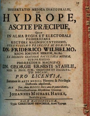 Dissertatio Medica Inauguralis, De Hydrope, Ascite Praecipue