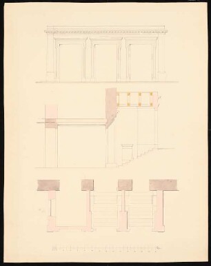 Alte Synagoge, Berlin Umbau: Anbau, Vorderansicht, Längsdurchschnitt, Grundriss(ausschnitt)