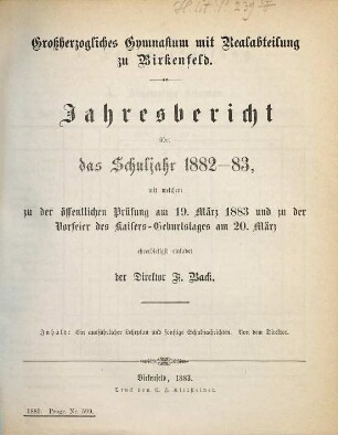 Jahresbericht des Großherzoglichen Gymnasiums mit Realabteilung zu Birkenfeld : Ostern .... 1882/83
