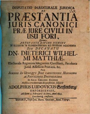 Disp. inaug. iur. de praestantia juris canonici prae jure civili in usu fori
