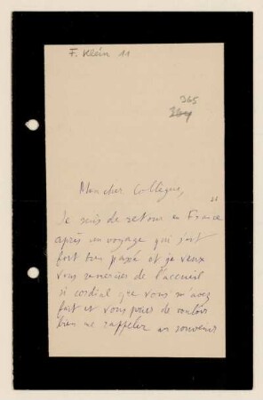 Nr. 14 (= Nr. 365) Brief von Henri Poincaré an Felix Klein. Ohne Ort, o. D.