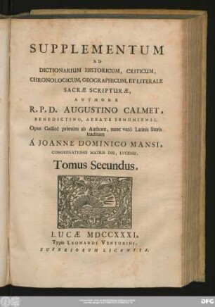 Tomus Secundus: Supplementum Ad Dictionarium Historicum, Criticum, Chronologicum, Geographicum, Et Literale Sacrae Scripturae