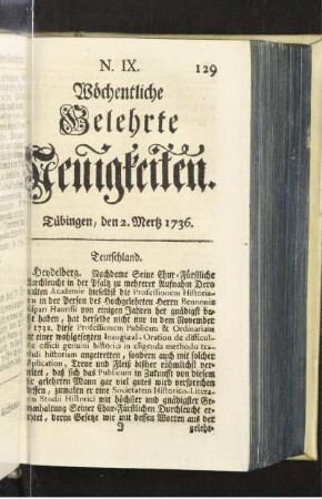 N. IX. Tübingen, den 2. Mertz 1736