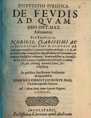 Dispvtatio Ivridica. De Fevdis
