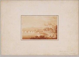 Stadtansicht von Meißen, Blick von der Straße nach Leipzig am linken Elbufer stromaufwärts nach Süden auf die Elbbrücke, die Altstadt und den Burgberg mit Albrechtsburg und Dom