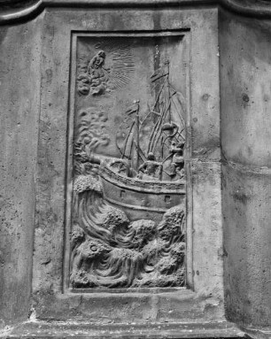 Der heilige Johannes der Täufer, gerahmt von drei Engeln — Drei Szenen aus dem Leben des heiligen Johannes — Der Heilige erscheint einem Schiff in Seenot