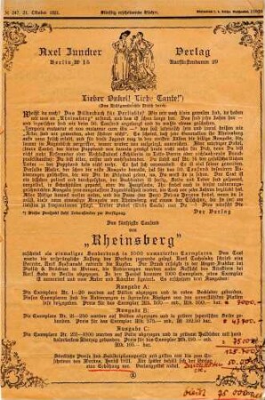 Verlagsanzeige zum 50. Tausend von "Rheinsberg", 1921