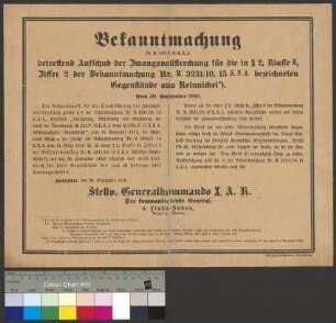 Bekanntmachung des Stellvertretenden Generalkommandos zum Aufschub der Zwangsvollstreckung bei der Ablieferung und Beschlagnahmung von Gegenständen aus Reinnickel