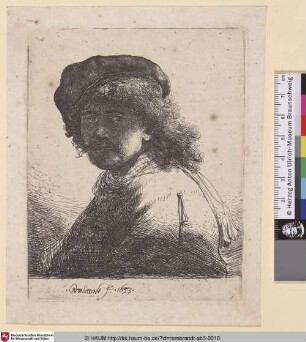 [Selbstbildnis mit Mütze, Schal und verschattetem Gesicht; Selbstbildnis mit der Schärpe; Self-Portrait in a Cap and Scarf with the Face Dark: Bust; Portrait de Rembrandt avec l'écharpe autour du cou]