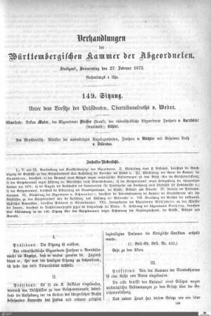 149. Sitzung, Stuttgart, 27.2.1873