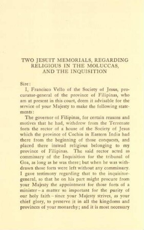 Two Jesuit memorials, regarding religious in the Moluccas, and the inquisition