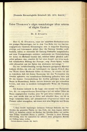 Ueber Thomson's nagra anmärkningar öfver arterna af slägtet Carabus