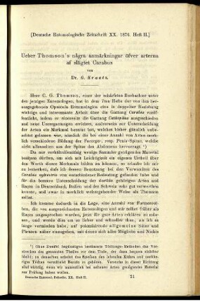 Ueber Thomson's nagra anmärkningar öfver arterna af slägtet Carabus