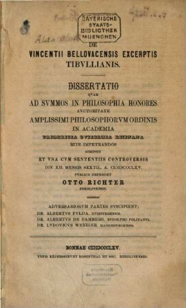 De Vincentii Bellovacensis excerptis Tibullianis : Dissertatio