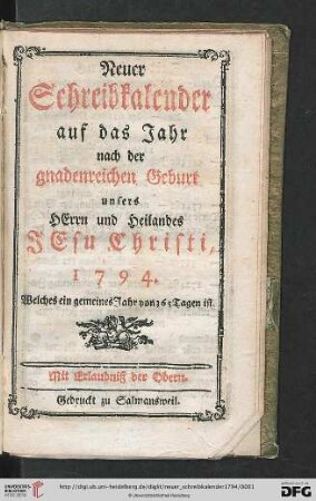 Neuer Schreibkalender: auf d. Jahr nach d. gnadenreichen Geburt unseres Herrn u. Heilandes Jesu Christi ...
