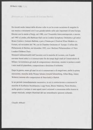 Kurzer Text von Claudio Abbado zum 10. Todestag von Luciano Berio
