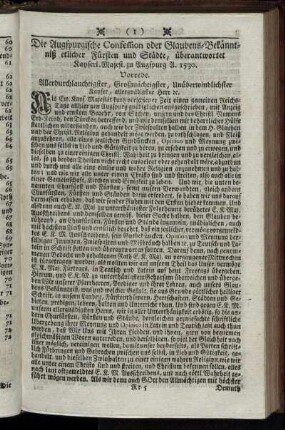 Die Augspurgische Confession oder Glaubens-Bekänntniß etlicher Fürsten und Städte, ...