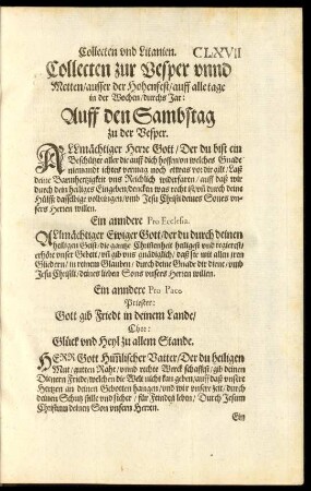 Collecten zur Vesper unnd Metten/ ausser der Hohenfest/ auff alle tage in der Wochen/ durchs Jar: