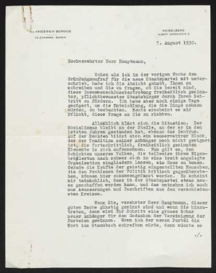 Brief von Friedrich Bergius an Gerhart Hauptmann